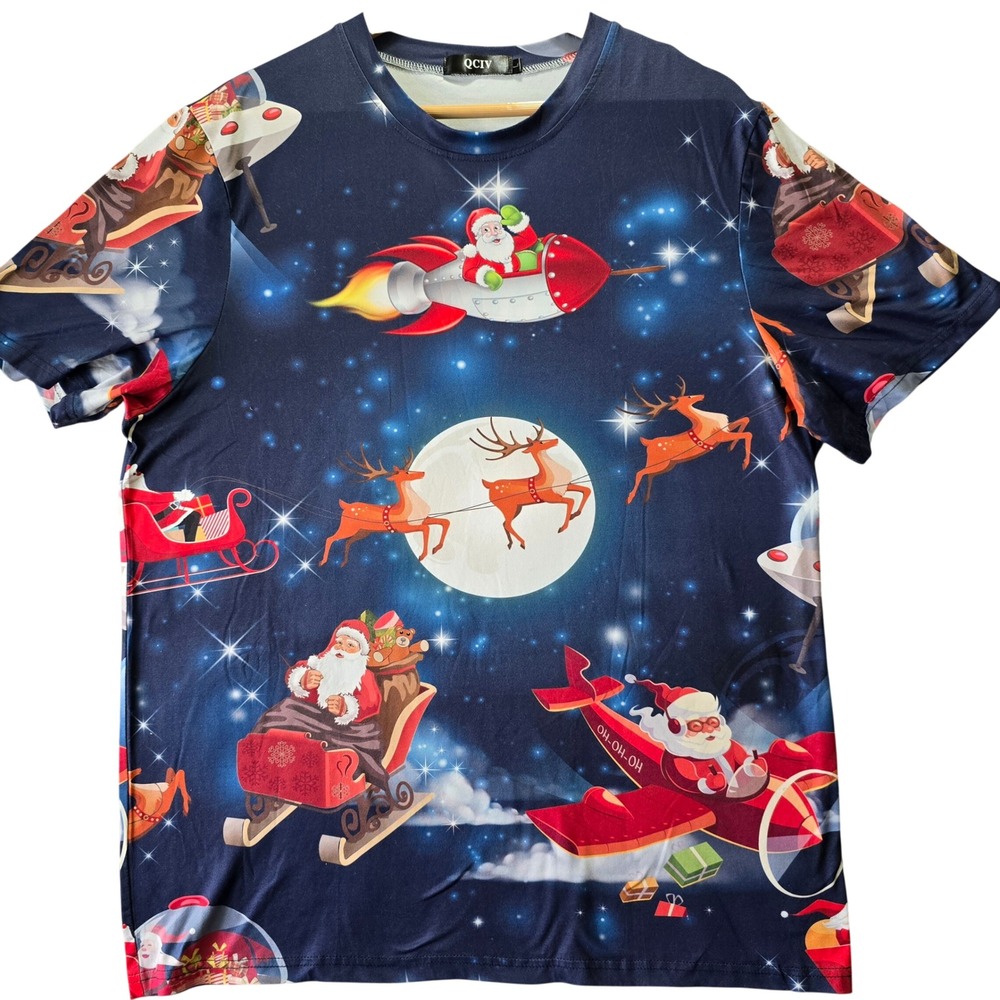Christmas Mens Size L T-Shirt Blue Holiday Santa Reindeer Winter Polyester Blend